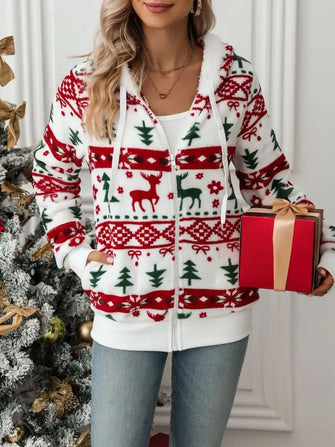 Drawstring Christmas Element Zip Up Hooded Jacket White Woman Outerwear