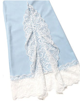 Light blue satin scarf with delicate white lace trim complements lace trim flare leg pants for elegant styling
