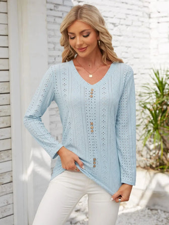 Decorative Button Openwork V-Neck T-Shirt Light Blue