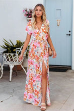 Printed Surplice Short Sleeve Tie Waist Maxi Dress Burnt Coral