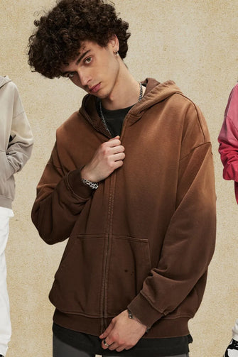 Men's Gradient Zip Up Drop Shoulder Hoodie Coffee Brown