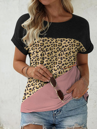 FAM-FAM Leopard Round Neck Short Sleeve T-Shirt Black