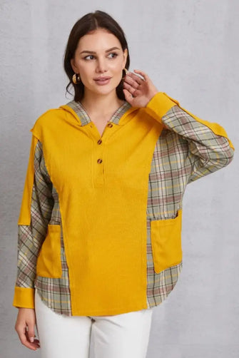 Plaid Waffle-Knit Half Button Hoodie Gold Woman Sweatshirts