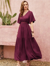 Openwork V-Neck Flare Sleeve Ruched Dress Cerise Woman Maxi Dress