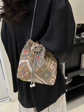 Printed Chain Bucket Bag Camel One Size Shoulder Bags