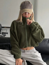Honey Zip Up Long Sleeve Cropped Jacket Army Green Woman Outerwear