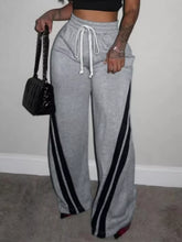 Plus size striped contrast wide leg gray sweatpants with black side stripes and white drawstrings for casual wear