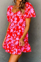 Floral Puff Sleeve Sweetheart Neck Ruffled Mini Dress