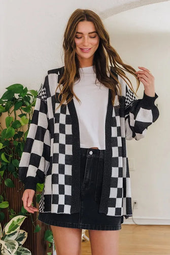 Annie Wear Checkered Open Front Drop Shoulder Cardigan Black