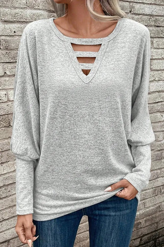 Cutout Round Neck Long Sleeve T-Shirt Light Gray