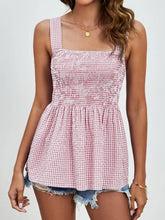 Smocked Plaid Square Neck Tank Deep Red Tanks & Camis