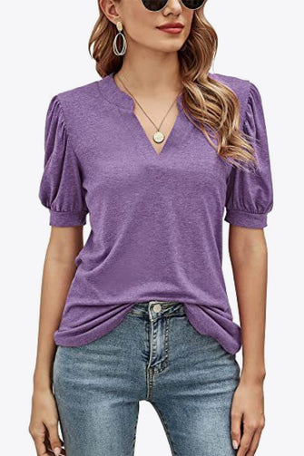 Notched Neck Puff Sleeve Tee Purple