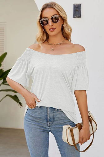 Smocked Round Neck Flutter Sleeve T-Shirt White