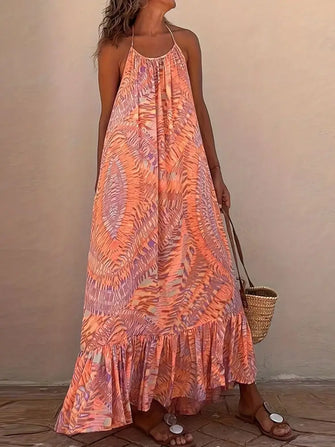 Backless Printed Halter Neck Maxi Cami Dress Coral Casual Dresses