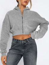 Zip Up Long Sleeve Hooded Cropped Jacket Gray