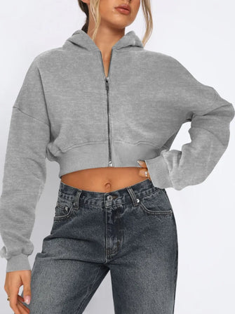 Zip Up Long Sleeve Hooded Cropped Jacket Gray