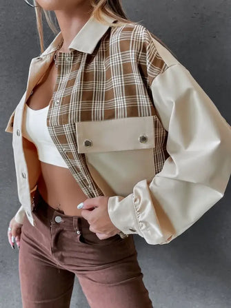 Snap Down Color Block Plaid Jacket Beige Woman Outerwear