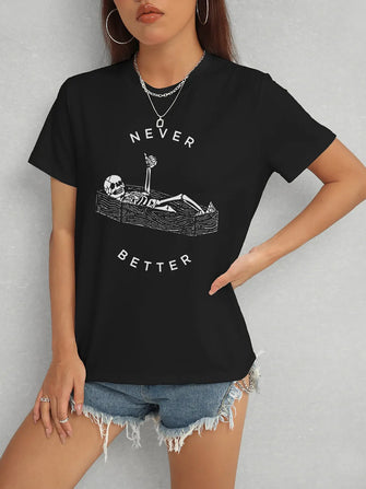 Skull Round Neck Short Sleeve T-Shirt Black