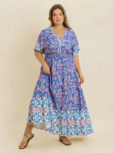 Plus Size Smocked Printed Half Sleeve Midi Dress Blue Purple Casual Dresses