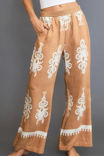 Umgee Full Size Border Print Wide Leg Pants Plus Size MOCHA