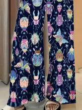 Dark blue printed wide leg pants with vibrant colorful insect and star illustrations for stylish wear