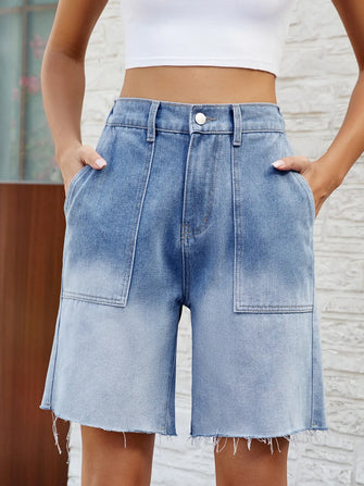 Buttoned Raw Hem Denim Shorts with Pockets Light Blue