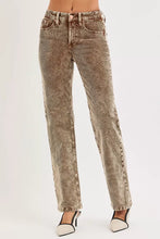 Risen tummy control mid rise straight leg corduroy pants in faded brown with visible stitching and classic five-pocket design