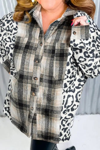 Plus Size Leopard Plaid Button Up Long Sleeve Shacket Dark Gray Woman Outerwear