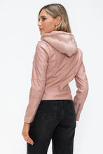 Snobbish Faux Leather Zip Up Drawstring Hooded Jacket