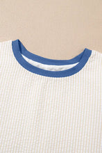 Stripe Seersucker Contrast Round Neck Puff Sleeve T Shirt Dress Woman Casual Dress