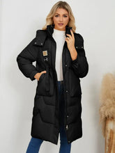 Long Sleeve Longline Hooded Winter Coat Black Woman Outerwear