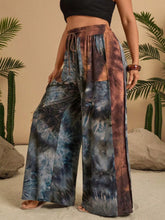Full size tie-dye wide leg casual pants in deep blues grays and browns with elastic waistband plus size casual pants