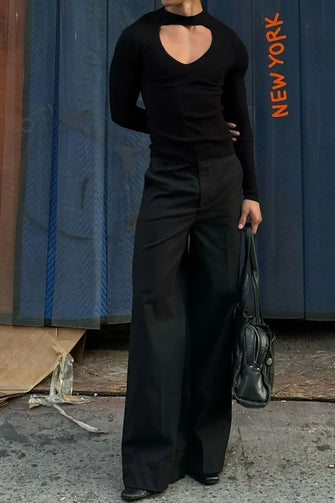 Men's Cutout Front Long Sleeve T-Shirt Black