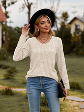 Ribbed V-Neck Long Sleeve Tee Cream