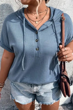 Plus Size Waffle-Knit Half Button Short Sleeve Hoodie Light Blue Woman Sweatshirts