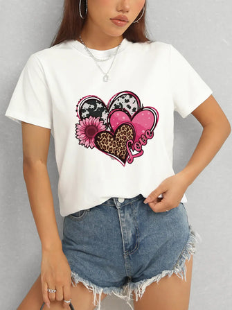 Heart Round Neck Short Sleeve T-Shirt White