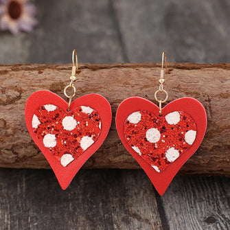 Sequin Heart Leather Drop Earrings Red One Size