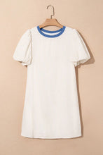Stripe Seersucker Contrast Round Neck Puff Sleeve T Shirt Dress