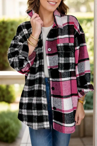 Pocketed Plaid Collared Neck Long Sleeve Shacket Plaid Casual Dresses