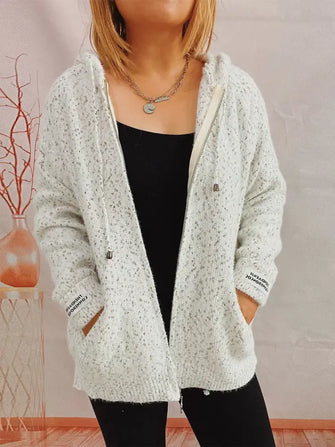 Zip Up Drawstring Long Sleeve Hooded Sweater White Woman Sweatshirts