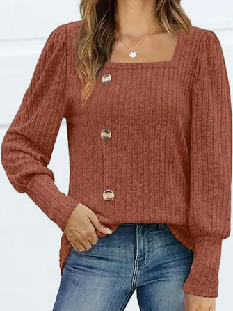 Decorative Button Square Neck Top Red Orange Woman Blouses