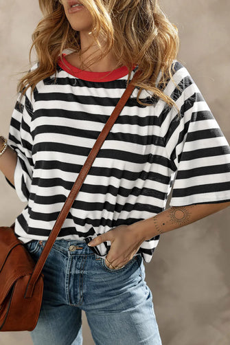 Striped Round Neck Raglan Sleeve T-Shirt Black