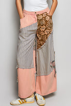 Pink striped cotton and brown floral patchwork wide-leg pants with partial elastic and side big star patch