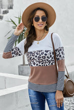 Waffle-Knit Leopard Round Neck Long Sleeve T-Shirt Mocha