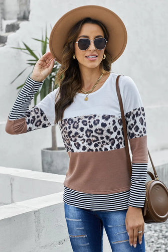 Waffle-Knit Leopard Round Neck Long Sleeve T-Shirt Mocha
