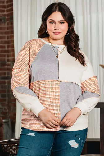Plus Size Exposed Seam Color Block Round Neck Sweatshirt Watermelon pink Woman Sweatshirts