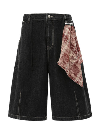 Men's Wide-Leg Denim Shorts with Plaid Accent Black