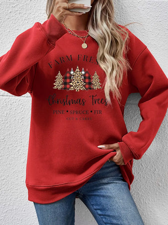 Graphic Round Neck Long Sleeve Sweatshirt Deep Red Woman Sweatshirts