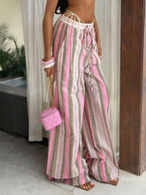 Striped wide leg pants with pink beige and gray vertical stripes and drawstring waistband machine wash tumble dry