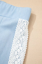 Light blue linen wide leg pants with lace accent floral patched delicate white lace trim along the side seam